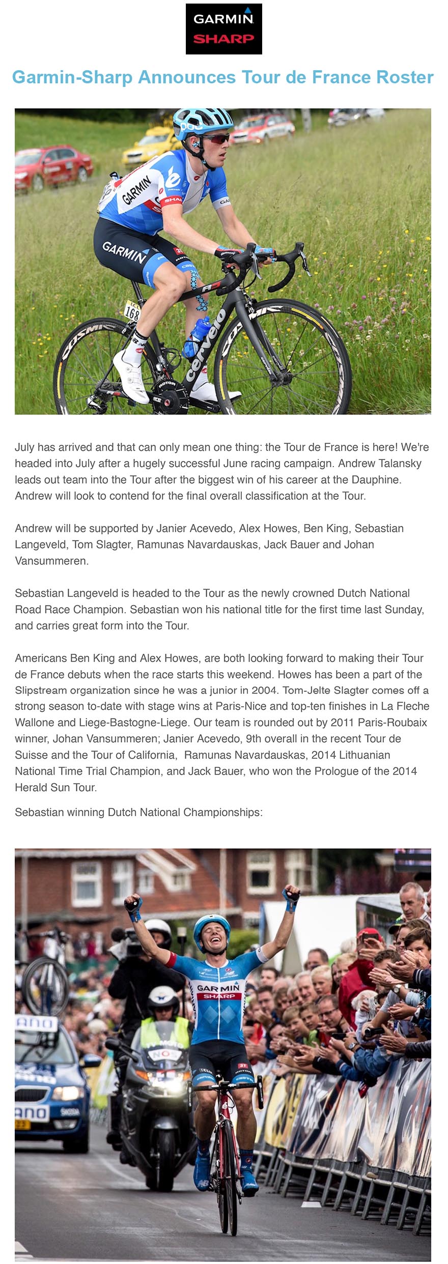 TEAM GARMIN SHARP Tour de France Roster